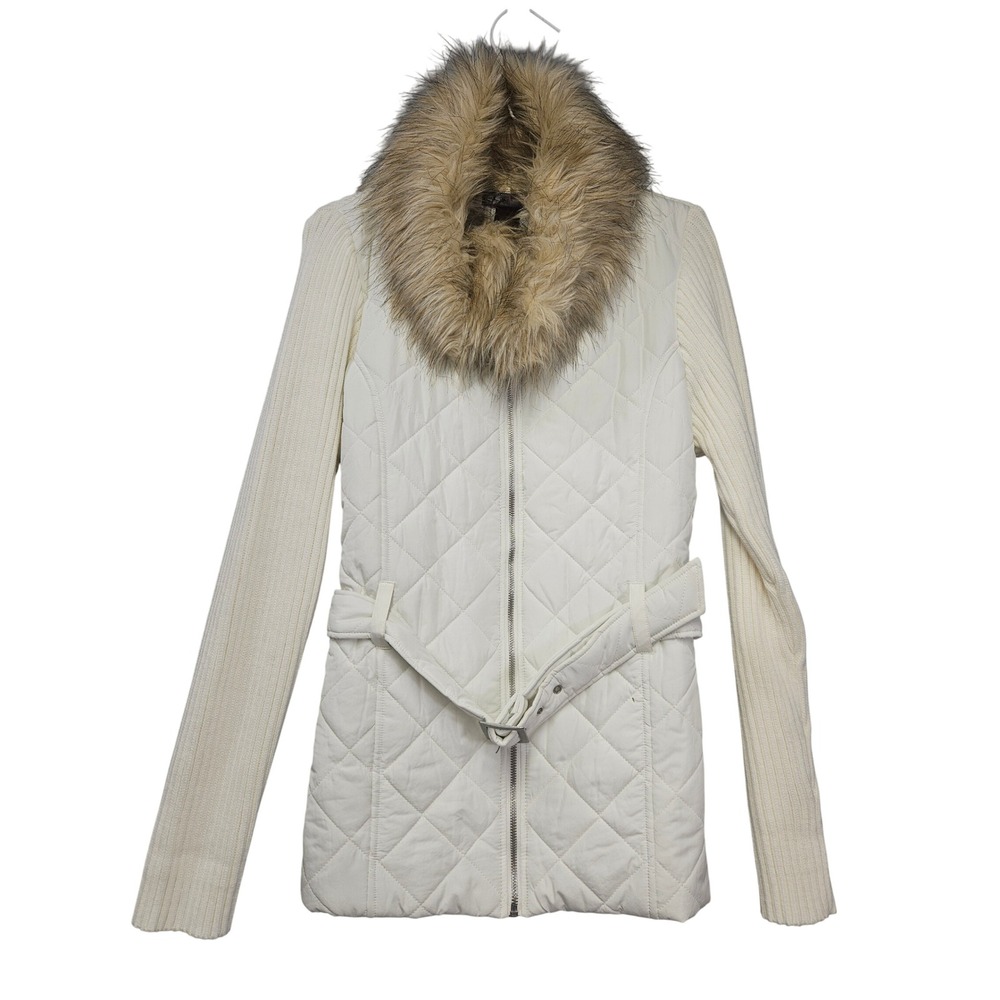 J.J. Basics Women Cream Quilted Mixed Media Jacket Faux Fur Collar Belted Large